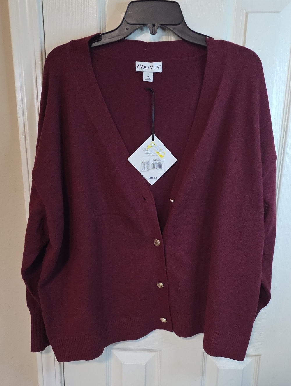 Ava & Viv Burgundy Button-Front V-Neck Cardigan, Versatile Cozy Learning Pice.